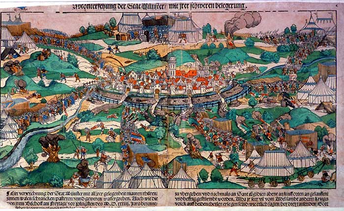 Die Herrschaft der Täufer: Ansicht der Belagerung von Münster 1534/1535 (Kolorierter Holzschnitt von Erhard Schoen, Nürnberg)